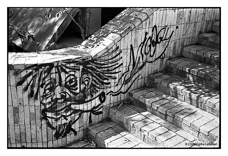 "ARLES TAG". Photo noir et blanc d'un tag dans un escalier sur le Boulevard des Lices à Arles  © juillet 2012 Christophe Letellier tous droits réservés. Pour revenir à la galerie, faites un clic-gauche sur la photo.